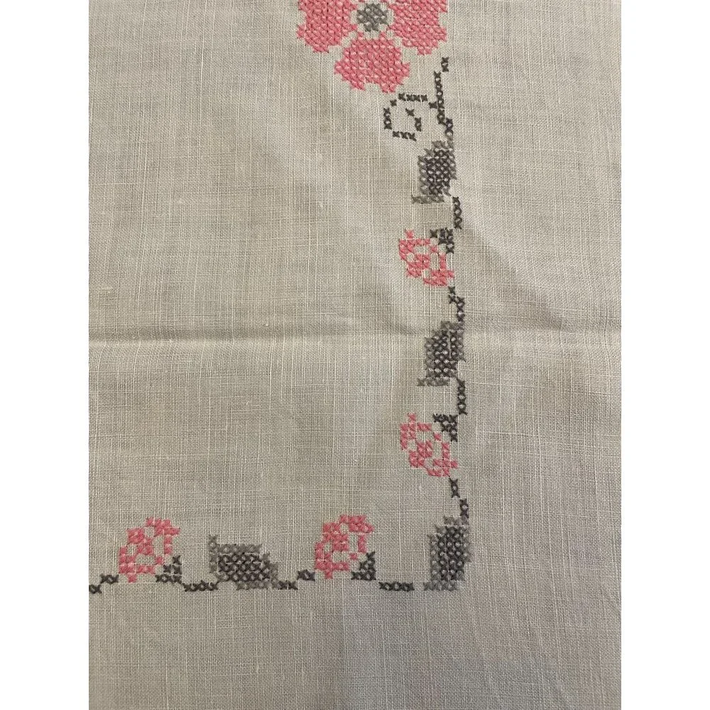 Vintage Cross Stitch Tablecloth Used Pink Gray